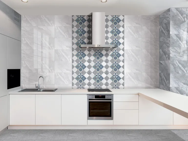 Grey Kitchen Design with grey and white tiles and white cabinets